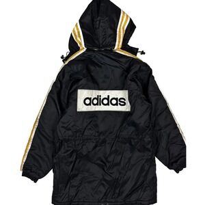VTG Adidas Men Medium Puffer Jacket Black Hooded Stripes Spellout Logo Parka Y2K
